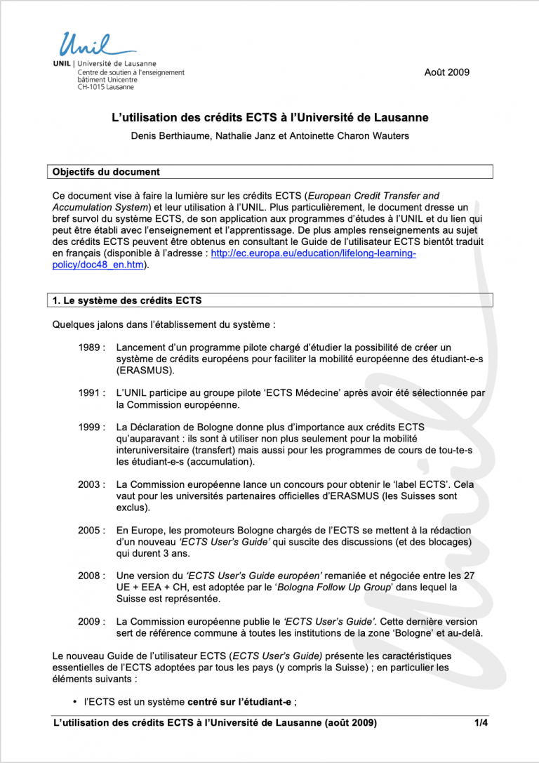 L utilisation des crédits ECTS à l Université de Lausanne Espace de